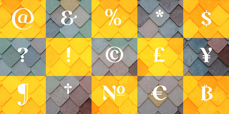 Milk Drops Font. Demonstration of selected symbols: at, ampersand, percent, asterisk, dollar, question mark, exclamation mark, copyright, pound (currency), Yen (currency), pilcrow, cross, number, euro (currency) and bitcoin (currency).