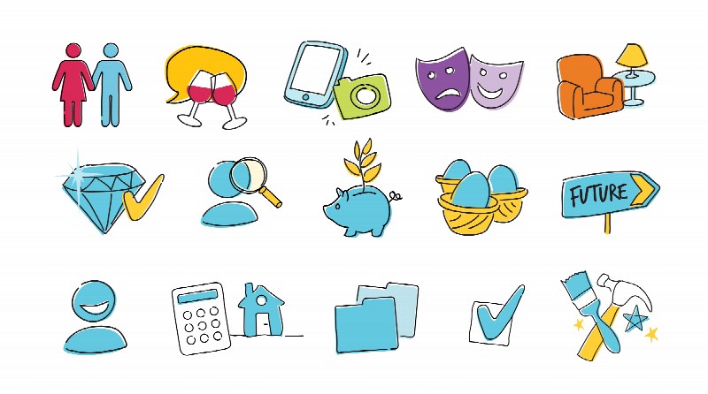 Suite of colourful, casual-looking vector illustrations mad eto accompany Mortgage Choice branding.