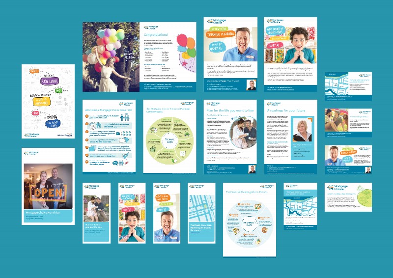 Assorted Mortgage Choice marketing campaigns, including flyer, infographic, postcard and invitation designs.